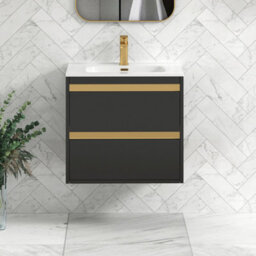 Royal Bathrooms Orion 600mm Matt Obsidian Black 2 Drawer Wall Hung Vanity Unit With Ceramic Basin & Brushed Brass Strip - thumbnail 2