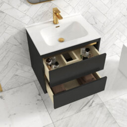 Royal Bathrooms Orion 600mm Matt Obsidian Black 2 Drawer Wall Hung Vanity Unit With Ceramic Basin & Brushed Brass Strip - thumbnail 4