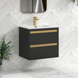 Royal Bathrooms Orion 600mm Matt Obsidian Black 2 Drawer Wall Hung Vanity Unit With Ceramic Basin & Brushed Brass Strip - thumbnail 5