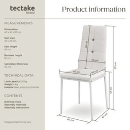 Tectake Set Of 8 Dining Chair Set - High Backrest, Slim Steel Legs & Rhinestone Highlights  - White - thumbnail 6