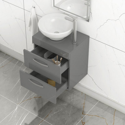 Royal Bathrooms 500mm Wall Hung Vanity Unit 2 Drawer Indigo Grey Gloss & Breeze Countertop Basin - image 1