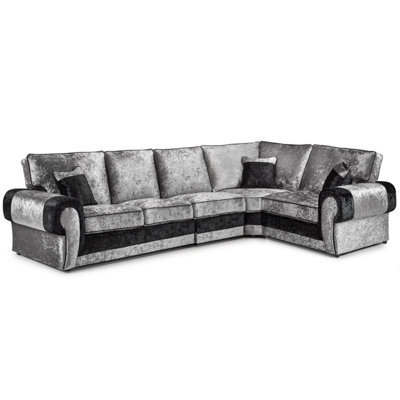 Furnishings For Less UK Chelsea Black And Silver Crushed Velvet Long 5 Seater Large Corner Sofa 3 Corner 1 Rolled Arms