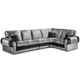 Furnishings For Less UK Chelsea Black And Silver Crushed Velvet Long 5 Seater Large Corner Sofa 3 Corner 1 Rolled Arms
