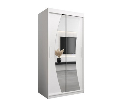 Arte Wave Contemporary 2 Mirrored Sliding Door Wardrobe 5 Shelves 2 Rails White Matt (H)2000mm (W)1000mm (D)620mm - image 1