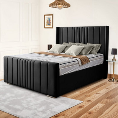 UKBEDFURNITURE Balmoral Wingback Black Plush Valvet Upholstered Bed Frame - Blackboard With 10 Inch Orthopedic Mattress - 48 Inch Headboard - image 1
