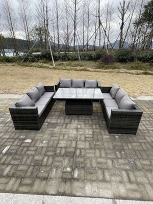 Fimous 9 Seater Outdoor Garden Furniture Rattan Sofa Set Adjustable Rising Lifting Dining Table Dark Grey Mixed - image 1