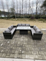 Fimous 9 Seater Outdoor Garden Furniture Rattan Sofa Set Adjustable Rising Lifting Dining Table Dark Grey Mixed - thumbnail 1