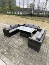 Fimous 9 Seater Outdoor Garden Furniture Rattan Sofa Set Adjustable Rising Lifting Dining Table Dark Grey Mixed - thumbnail 2