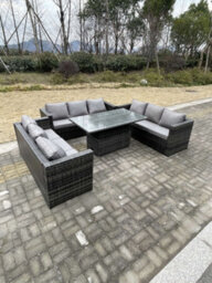 Fimous 9 Seater Outdoor Garden Furniture Rattan Sofa Set Adjustable Rising Lifting Dining Table Dark Grey Mixed - thumbnail 3