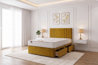 "Knight Sleep Sky Mustard Plush Bed Set With Mattress, 2 Drawers Same Side & 24""headboard, 5Ft - King Size" - image 1