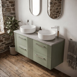 Balterley Belvide Partial Fluted 4 Drawer Wall Hung Vanity Unit With Bellato Grey Laminate Worktop - 1200mm - Satin Green - thumbnail 3