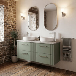Balterley Belvide Partial Fluted 4 Drawer Wall Hung Vanity Unit With Bellato Grey Laminate Worktop - 1200mm - Satin Green - thumbnail 4