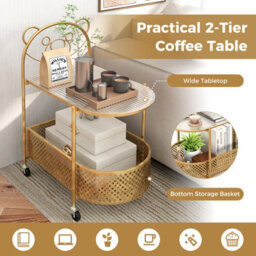 Gainoom Golden Mobile Glass Coffee Table 2-Tier Modern Cocktail Table - thumbnail 8