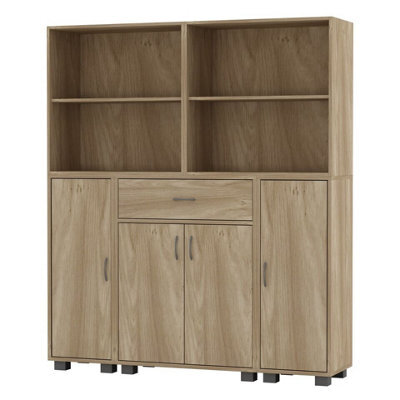 Urbn-Living Urbnliving Height 140Cm 4 Door 4 Shelf Oak Bookshelf 1 Drawer Storage Cabinet Bookcase Cupboard Display Unit - image 1