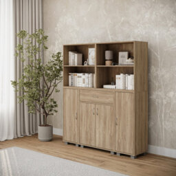 Urbn-Living Urbnliving Height 140Cm 4 Door 4 Shelf Oak Bookshelf 1 Drawer Storage Cabinet Bookcase Cupboard Display Unit - thumbnail 3