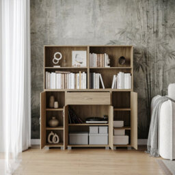 Urbn-Living Urbnliving Height 140Cm 4 Door 4 Shelf Oak Bookshelf 1 Drawer Storage Cabinet Bookcase Cupboard Display Unit - thumbnail 4