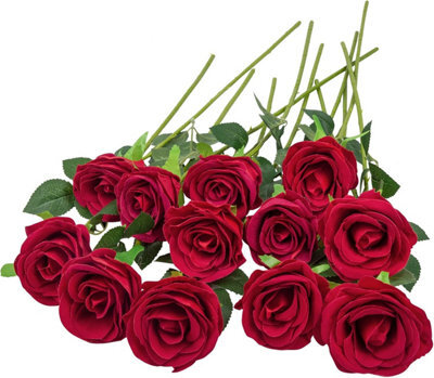 12 Pack Velvety Texture Faux Red Roses, Natural And Realistic Artificial Flower Bouquet, 19.29In Artificial Roses - image 1
