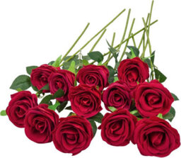 12 Pack Velvety Texture Faux Red Roses, Natural And Realistic Artificial Flower Bouquet, 19.29In Artificial Roses - thumbnail 1