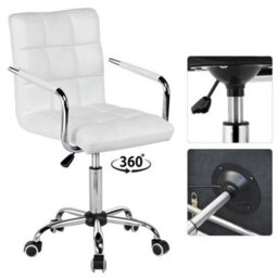 White Leather Office Chair Adjustable Swivel Arms - thumbnail 6
