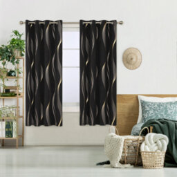 Deconovo Blackout Eyelet Curtains Thermal Insulated Gold Wave Line Foil Printed Curtains For Bedroom 46X72 Inch Black 2 Panels - thumbnail 2