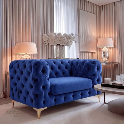 Sofaya Monaco Chesterfield Blue Velvet Sofa Set - 1,2,3 Seater & 3+2 Seater Set Deep Buttoned Cushions Upholstery Couch Settee - image 1
