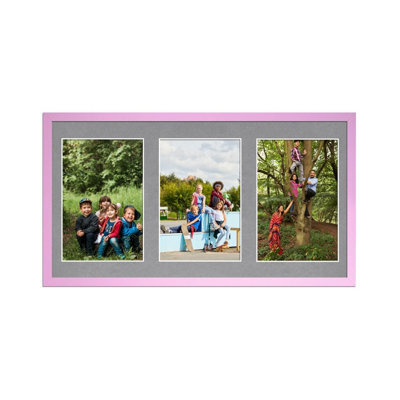 AK Frames 40X20Cm Pastel Pink Sleek Multi Photo Frame With Mid Grey Mount - Holds 3 Apertures (3X) 6X4 Photos - image 1
