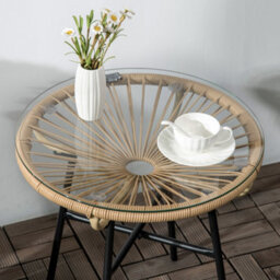 Outsunny Round Outdoor Rattan Side Table W/ Tempered Glass Tabletop, Beige - thumbnail 9