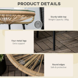 Outsunny Round Outdoor Rattan Side Table W/ Tempered Glass Tabletop, Beige - thumbnail 6