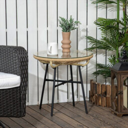 Outsunny Round Outdoor Rattan Side Table W/ Tempered Glass Tabletop, Beige - thumbnail 1