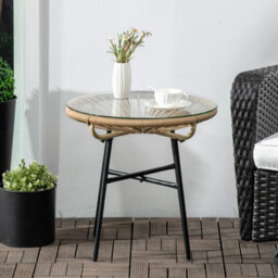 Outsunny Round Outdoor Rattan Side Table W/ Tempered Glass Tabletop, Beige - thumbnail 7