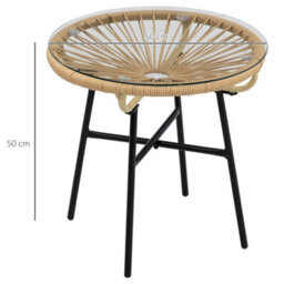 Outsunny Round Outdoor Rattan Side Table W/ Tempered Glass Tabletop, Beige - thumbnail 3