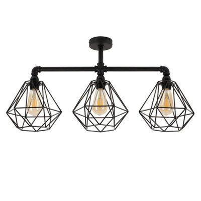 Valuelights Luiggi Industrial Satin Black 3 Way Bar Pipework Ceiling Light With Black Metal Shades - image 1