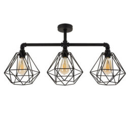 Valuelights Luiggi Industrial Satin Black 3 Way Bar Pipework Ceiling Light With Black Metal Shades