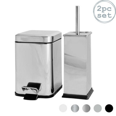 Harbour Housewares 3L Bathroom Bin & Brush Set - Chrome - Square Stainless Steel Slim Trashcan Pedal Bin & Toilet Brush Set - image 1