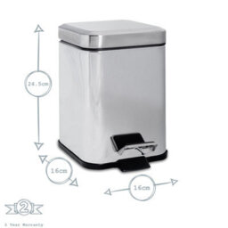 Harbour Housewares 3L Bathroom Bin & Brush Set - Chrome - Square Stainless Steel Slim Trashcan Pedal Bin & Toilet Brush Set - thumbnail 4
