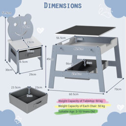 Gainoom Versatile Gray Kids Table & 2 Chairs Set Wooden Activity Table With Detachable Double-Sized Tabletop - thumbnail 2