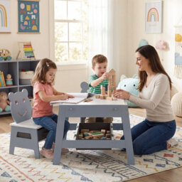 Gainoom Versatile Gray Kids Table & 2 Chairs Set Wooden Activity Table With Detachable Double-Sized Tabletop - thumbnail 3