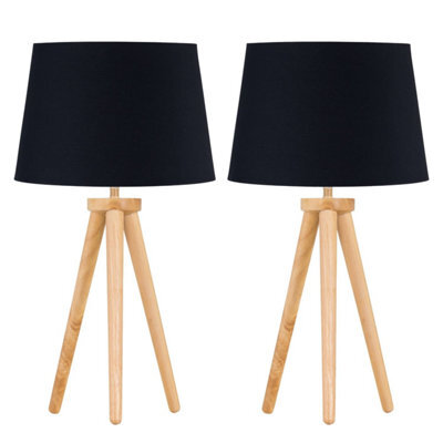 First Choice Lighting Set Of 2 Light Oak Table Lamp Or Bedside Lights With Black Shades - image 1