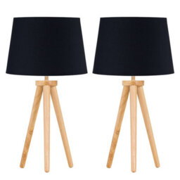 First Choice Lighting Set Of 2 Light Oak Table Lamp Or Bedside Lights With Black Shades