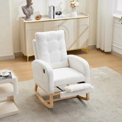 Btm Teddy Rocking Chair With Usb Charging Ports, Adjustable Footrest, Side Pocket, White, 121.5X66.5X102Cm - image 1