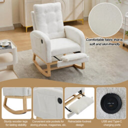 Btm Teddy Rocking Chair With Usb Charging Ports, Adjustable Footrest, Side Pocket, White, 121.5X66.5X102Cm - thumbnail 5