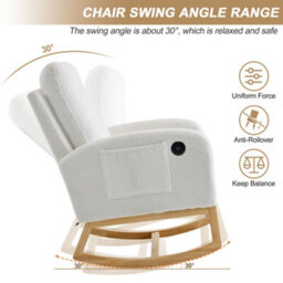 Btm Teddy Rocking Chair With Usb Charging Ports, Adjustable Footrest, Side Pocket, White, 121.5X66.5X102Cm - thumbnail 8