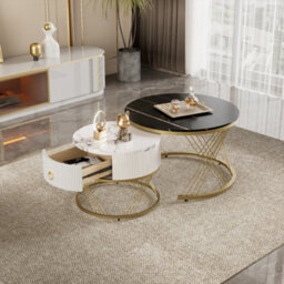 Abrihome Elegant Nesting Coffee Table: Marble Look, Gold Decor, Side Table With Drawers - Set Of 2 - thumbnail 2