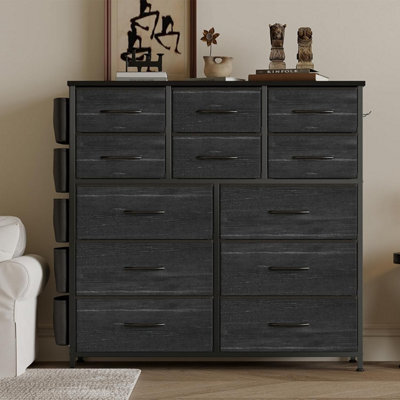 London Boutique Black 12 Drawer Chest Of Drawers, Fabric Dresser With Side Pockets And Hooks, Bedroom Storage Unit, 99X30X110Cm - image 1
