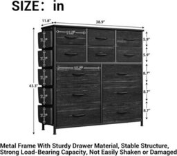 London Boutique Black 12 Drawer Chest Of Drawers, Fabric Dresser With Side Pockets And Hooks, Bedroom Storage Unit, 99X30X110Cm - thumbnail 2