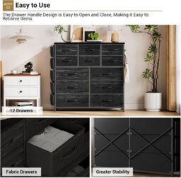 London Boutique Black 12 Drawer Chest Of Drawers, Fabric Dresser With Side Pockets And Hooks, Bedroom Storage Unit, 99X30X110Cm - thumbnail 5