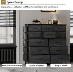 London Boutique Black 12 Drawer Chest Of Drawers, Fabric Dresser With Side Pockets And Hooks, Bedroom Storage Unit, 99X30X110Cm - thumbnail 6