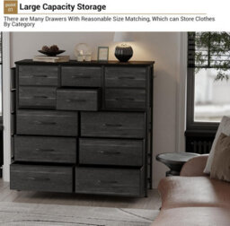London Boutique Black 12 Drawer Chest Of Drawers, Fabric Dresser With Side Pockets And Hooks, Bedroom Storage Unit, 99X30X110Cm - thumbnail 3
