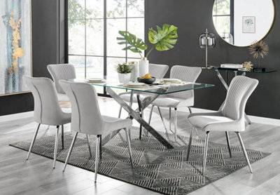 Furniturebox Uk Leonardo Glass And Chrome Metal Dining Table And 6 Light Grey Nora Velvet Silver Leg Chairs - image 1