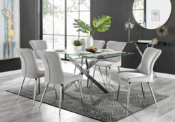 Furniturebox Uk Leonardo Glass And Chrome Metal Dining Table And 6 Light Grey Nora Velvet Silver Leg Chairs